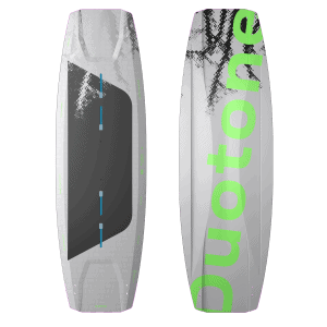 TS Freestyle SLS - Duotone TS Freestyle SLS twin-tip kiteboard in light grey and neon green, deck and base view